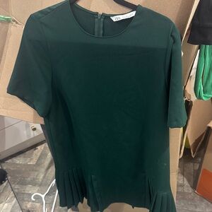 Zara Dark Green Pleated-Hem Short Sleeve Tunic